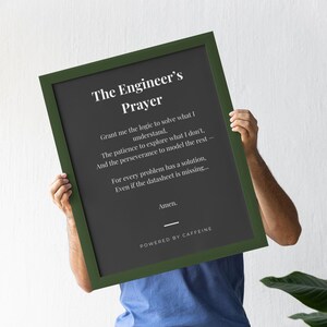 May include: A framed print with the text "The Engineer's Prayer" in white on a dark gray background. The frame is dark green. The text includes a prayer for logic, patience, and perseverance. The bottom of the print reads "POWERED BY CAFFEINE."