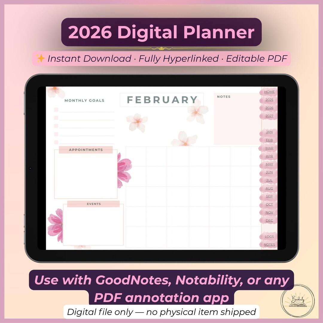 2026 Digital Planner | Blush Watercolor, Hyperlinked (PDF) - Etsy UK