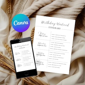 Puede incluir: Un teléfono inteligente negro muestra un "Itinerario de fin de semana de cumpleaños" con una lista de actividades. Un itinerario impreso con el mismo diseño está al lado del teléfono. El fondo presenta una tela suave de tonos neutros y elementos decorativos, con un logotipo de Canva.