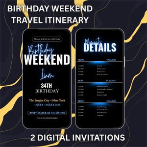 Men's Birthday Weekend Invitation Itenary, Digital Animated Party Getaway for Him, Black and Blue Theme Evite, Canva Editable