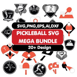 Peut inclure: Une collection de motifs de pickleball et de tennis noirs, blancs et rouges. L'image comprend divers logos, raquettes et illustrations de terrains. Le texte comprend "SVG, PNG, EPS, AI, DXF", "PICKLEBALL SVG MEGA BUNDLE" et "20+ Design".