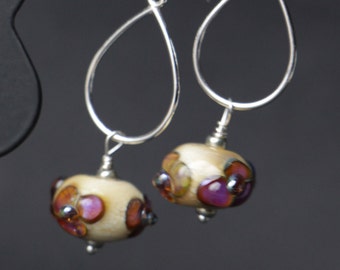 Ivory with Silver Glass Accent Flower Lampworking Sterling Silver Earrings