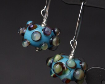 Turquoise with Raised Dots Accent Lampworking Sterling Silver Earrings