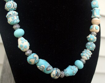 Ivory Turquoise Etched Matte Lampwork Necklace Toggle Clasp