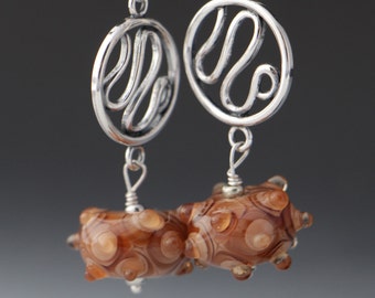 Handcrafted Glass Lampworking Sterling Silver Earrings Brown maple Silver Accent