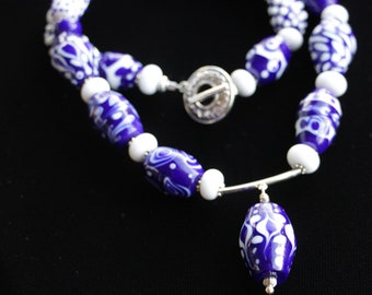 Cobalt White Glass Lampworking Beaded Necklace
