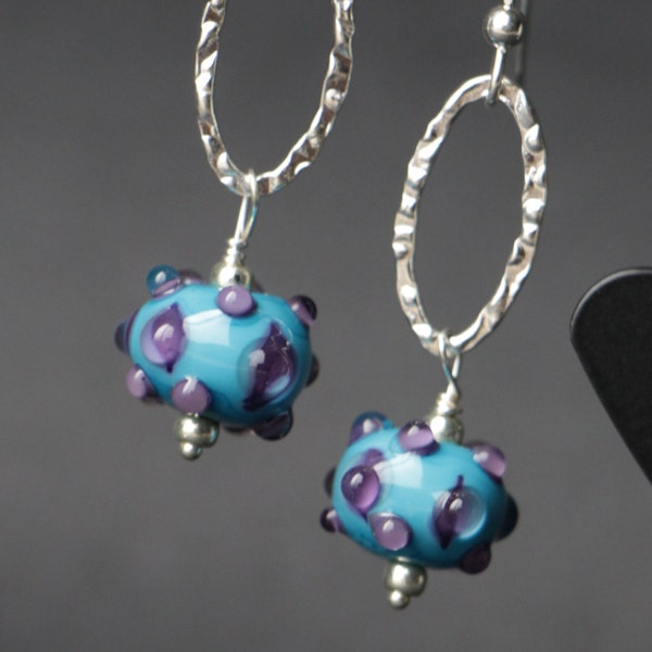 Turquoise with Raised Purple Dots Lampworking Beaded Glass Sterling Silver Earrings