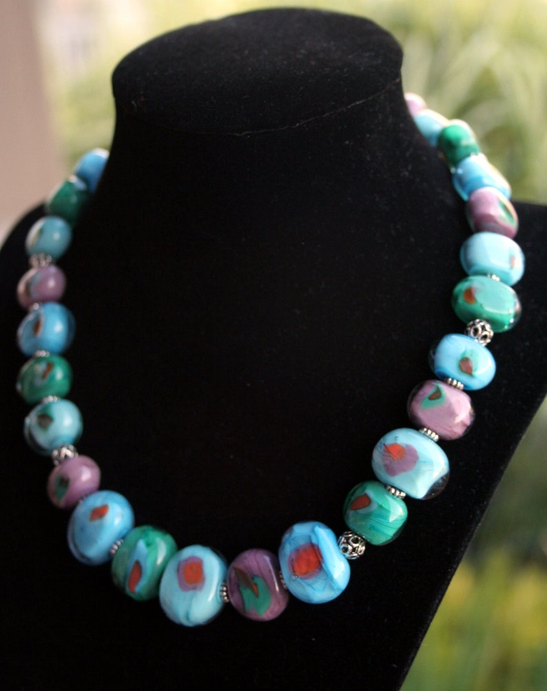 Handcrafted Fall Turquoise, Teal, Aqua, and Purple Lampworking Beaded Necklace Cool Colors image 4