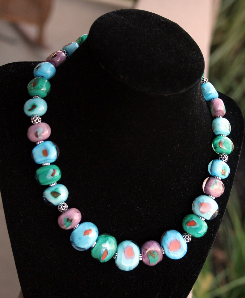 Handcrafted Fall Turquoise, Teal, Aqua, and Purple Lampworking Beaded Necklace Cool Colors image 1