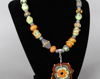 Handcrafted Orange Lime Green Gray Glass Necklace Flower Pendant Lampworking Sterling Silver Toggle Clasp