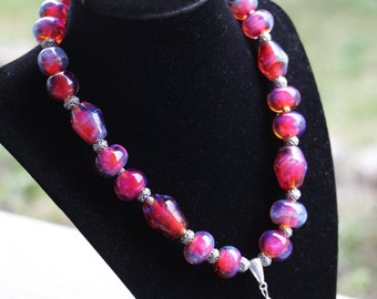 Silver Glass Pink iridescent Beaded Glass Lampworking Necklace