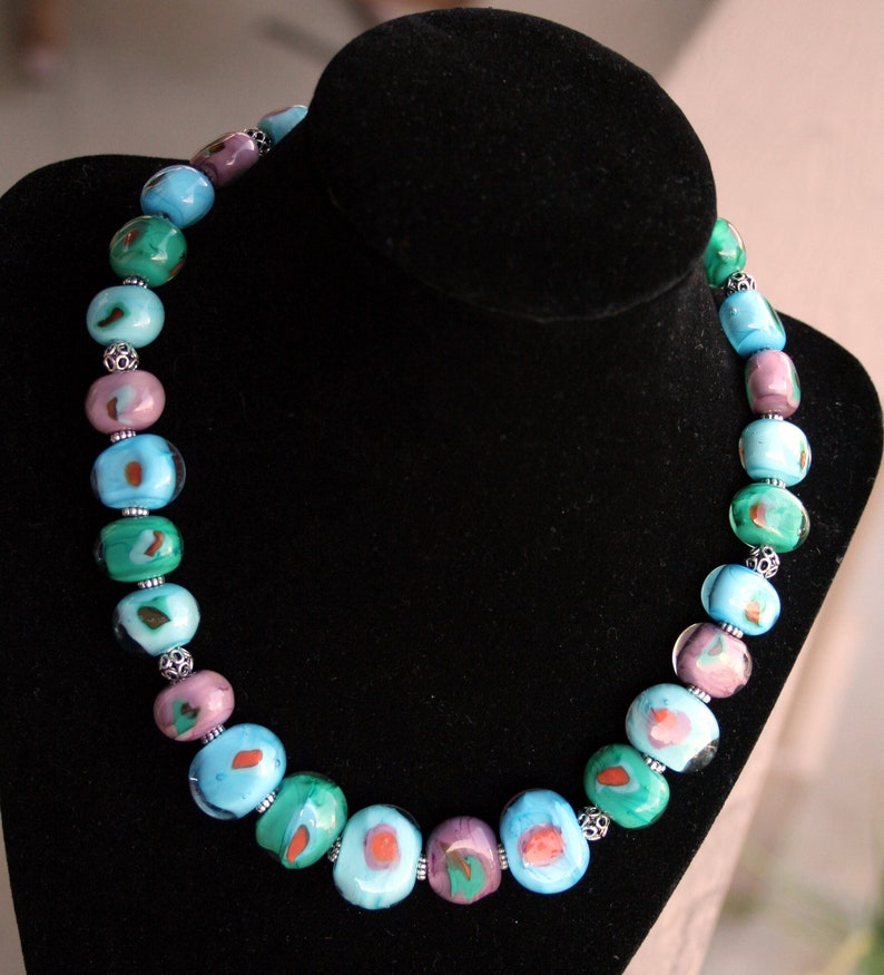 Handcrafted Fall Turquoise, Teal, Aqua, and Purple Lampworking Beaded Necklace Cool Colors image 5