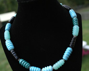 Single Strand Fall Aqua/Turquoise/Teal/Black  Lampworking Beaded Necklace