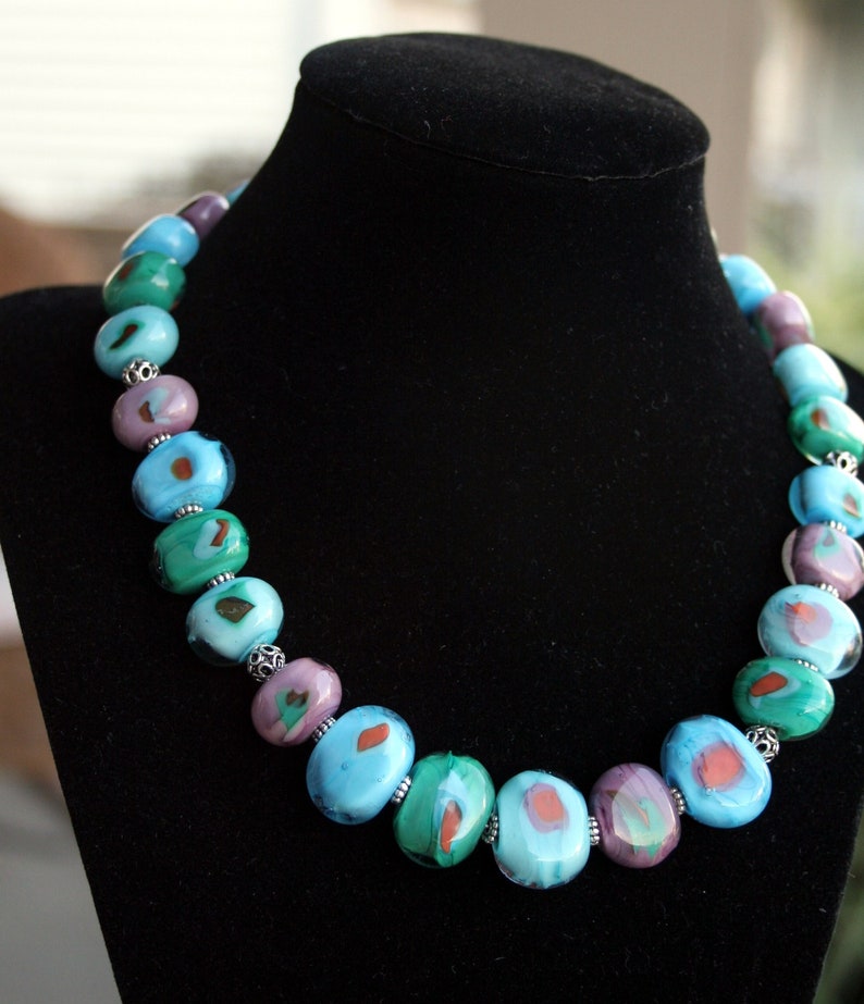 Handcrafted Fall Turquoise, Teal, Aqua, and Purple Lampworking Beaded Necklace Cool Colors image 3