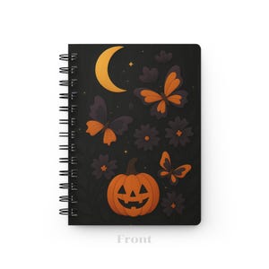 Spiral Bound Journal, Pumpkin Moon Butterfly Halloween Notebook, Gothic Witchy Stationery Gift