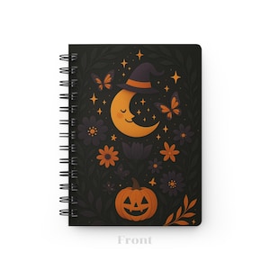 Spiral Bound Journal, Witchy Moon & Pumpkin Halloween Notebook, Gothic Spooky Stationery Gift