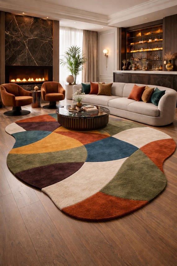 Irregular Modern Area Rug | Colorful Geometric Circle Rug | Hand Tufted Living Room Carpet