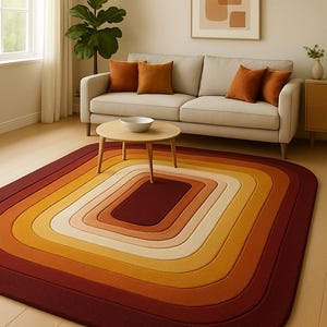 May include: A retro-style area rug with a layered, square design in shades of burgundy, orange, yellow, and cream. The rug is placed in a living room setting with a sofa, coffee table, and decorative pillows. The rug's dimensions are not visible.