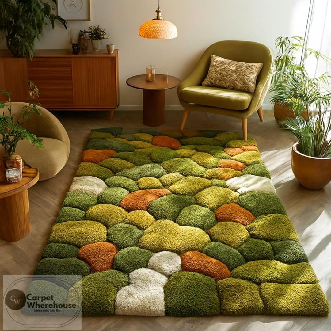 Moss Pebble Rug | 3D Textured Forest Carpet, Green Nature Aesthetic ...