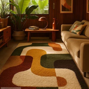 Peut inclure: Tapis de salon de style rétro avec un motif abstrait. Le tapis présente un fond crème avec des formes fluides dans des tons de marron, orange, jaune et vert. Le tapis est placé dans un salon avec un canapé et des meubles en bois.