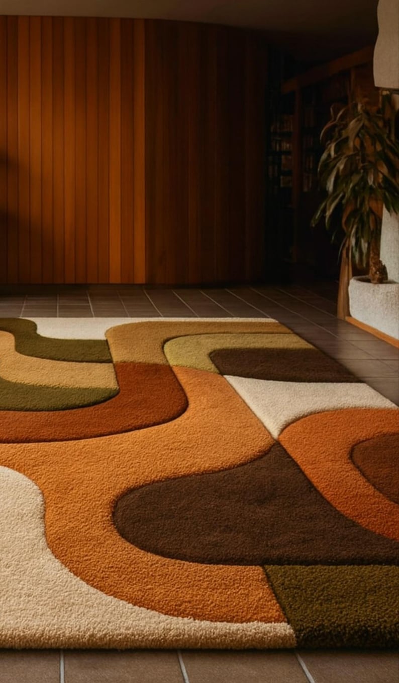 Retro 70s Abstract Area Rug: Mid Century Modern, Earth Tone Plush ...