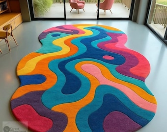 Abstract Wave Tufted Rug : Colorful psychedelic Blob Shape rug for Bedroom and Living room