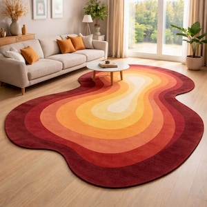 Hand Tufted Abstract Area Rug | Organic Shape| Orange Rust Burgundy Wool Rug 70s retro