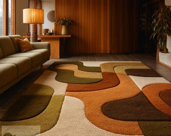 Retro 70s Abstract Area Rug: Mid Century Modern, Earth Tone Plush Carpet