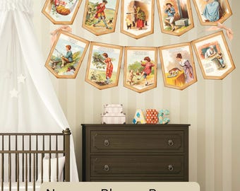 Baner z wierszykiem do wydrukowania w stylu vintage, girlanda z proporczykami w stylu Cutecore Storybook, girlanda z ilustracjami do książek dla dzieci na baby shower