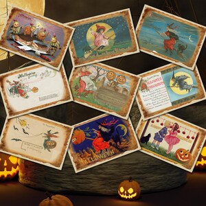 Utskrivbara set med vintage Halloween-vykort | 9 antika illustrationer i 3 storlekar
