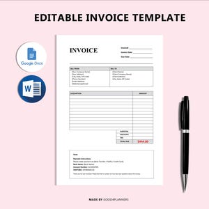 Op de afbeelding: Een bewerkbare factuursjabloon met de titel "EDITABLE INVOICE TEMPLATE" bovenaan. De factuur bevat velden voor bedrijfsinformatie, factuurgegevens en een beschrijvingsgedeelte. Een zwarte pen ligt aan de rechterkant. Twee cirkelvormige pictogrammen staan links.