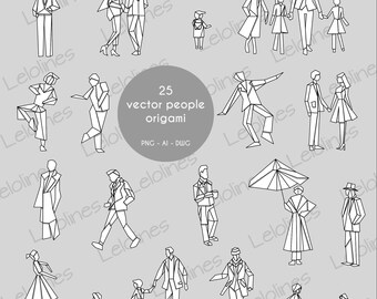 May include: A collection of 25 vector origami people illustrations in black and white. The figures depict various poses, including walking, holding hands, and standing. The image includes the text "25 vector people origami" and file type information.