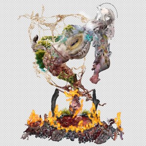 May include: A surreal digital artwork featuring a complex, multi-layered sculpture. The piece incorporates organic and inorganic elements, with a central figure seemingly emerging from flames. Colors include greens, browns, and oranges, with chains and other details.