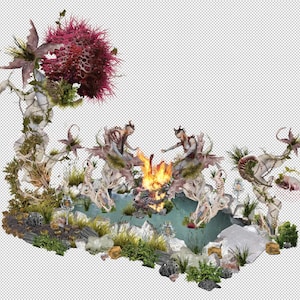May include: A fantastical diorama featuring a miniature landscape with figures around a fire. The scene includes a pond, vegetation, and a large, textured, red and purple floral element. The overall aesthetic is surreal and artistic.