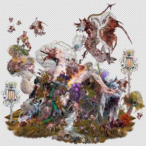 May include: A surreal digital artwork featuring a fantastical landscape with figures, creatures, and intricate details. The color palette includes shades of brown, purple, and white. The artwork has a dreamlike quality with a variety of textures and forms.