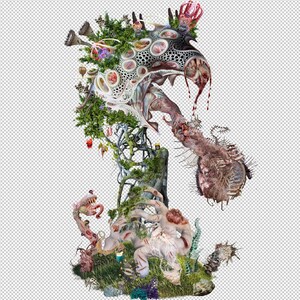 May include: A surreal digital artwork featuring a grotesque, organic form with intricate details. The composition includes elements of plant life, bone-like structures, and fleshy textures, creating a disturbing yet captivating visual experience. The color palette is dominated by muted greens, browns, and reds.