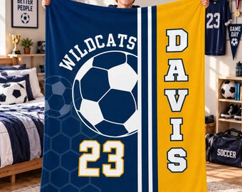 Personalized Soccer Blanket,Custom Name Number Flannel Throw,Senior Night Player Gift,Team Spirit Keepsake,Youth Sports Room Decor