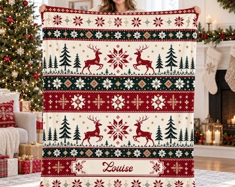 Personalized Nordic Christmas Blanket,Custom Name Reindeer Throw,Scandinavian Snowflake Decor,Holiday Gift for Mom Grandma,Cozy Cabin Decor