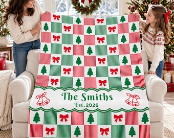 Personalized Christmas Family Blanket,Custom Last Name Throw,Red Bow and Christmas Tree Print,Cozy Housewarming Gift,Christmas Home Accents