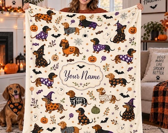 Personalized Halloween Dachshund Flannel Blanket,Custom Name Wiener Dog Throw,Cute Spooky Dog Costume Gift for Dog Lovers,Autumn Home Decor