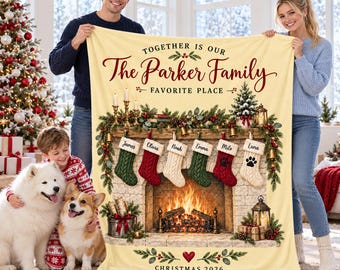 Personalized Family Christmas Blanket,Custom Stocking Names and Pets,Fireplace Holiday Throw,Christmas Gift for Parents,Grandparent Keepsake