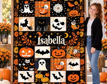 Custom Halloween Flannel Blanket,Personalized Name Orange Black Throw,Retro Pumpkin Bat Ghost Cat Art,Spooky Season Gift for Halloween Fans