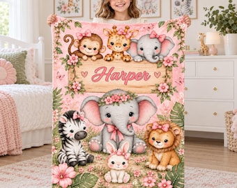 Personalized Baby Girl Blanket,Custom Name Pink Safari Animal Throw,Elephant Nursery Decor,Floral Jungle Baby Shower Gift,Newborn Keepsake