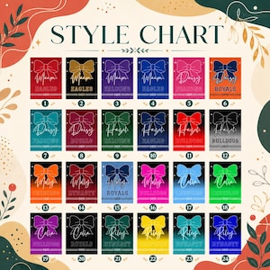 May include: A style chart featuring twenty-four rectangular blocks, each displaying a large bow graphic, a name in script font, a team name in block letters, and the word CHEER. The blocks are numbered one through twenty-four in circles.