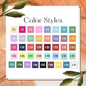 Pu&ograve; includere: Una tabella colori intitolata Color Styles che presenta una griglia di quarantuno quadrati numerati in varie tonalit&agrave;. Ogni quadrato mostra un colore solido unico, che spazia dai pastelli ai toni profondi, etichettati da C1 a C41, con C41 in bianco.