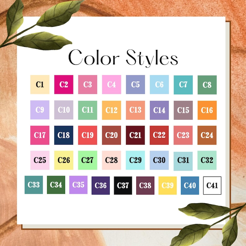 Pu&ograve; includere: Una tabella colori intitolata Color Styles che presenta una griglia di quarantuno quadrati numerati in varie tonalit&agrave;. Ogni quadrato mostra un colore solido unico, che spazia dai pastelli ai toni profondi, etichettati da C1 a C41, con C41 in bianco.
