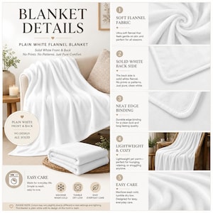 Pu&ograve; includere: Una coperta in flanella bianca tinta unita con fronte e retro bianchi senza motivi. La coperta presenta bordi rifiniti ed &egrave; mostrata in varie posizioni piegate e drappeggiate. Il testo include BLANKET DETAILS, EASY CARE e punti numerati.