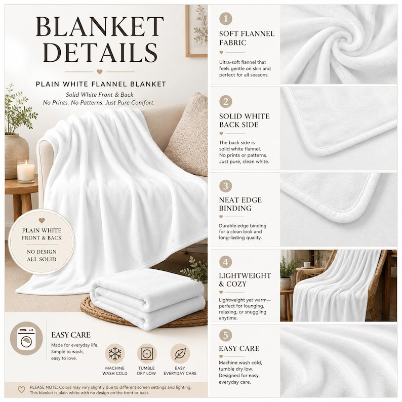 Pu&ograve; includere: Una coperta in flanella bianca tinta unita con fronte e retro bianchi senza motivi. La coperta presenta bordi rifiniti ed &egrave; mostrata in varie posizioni piegate e drappeggiate. Il testo include BLANKET DETAILS, EASY CARE e punti numerati.
