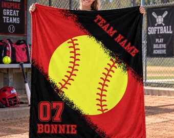 Custom Softball Blanket,Personalized Team Name,Player Name & Number Flannel Throw,Travel Softball Team Gift,End of Season Gift for Players