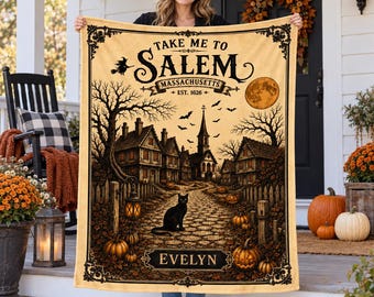 Personalized Salem Massachusetts Flannel Blanket,Custom Name Witchy Throw,Gothic Halloween Decor,Spooky Fall Gift for Women,Salem Keepsake
